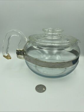 Pyrex Clear Glass Teapot with Silver Band Vintage